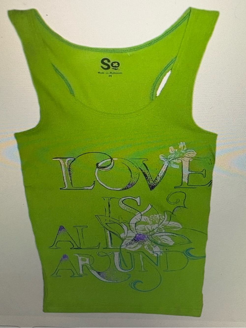 SO Lime Green Graphic Tank Top with Floral 'LOVE' Print
